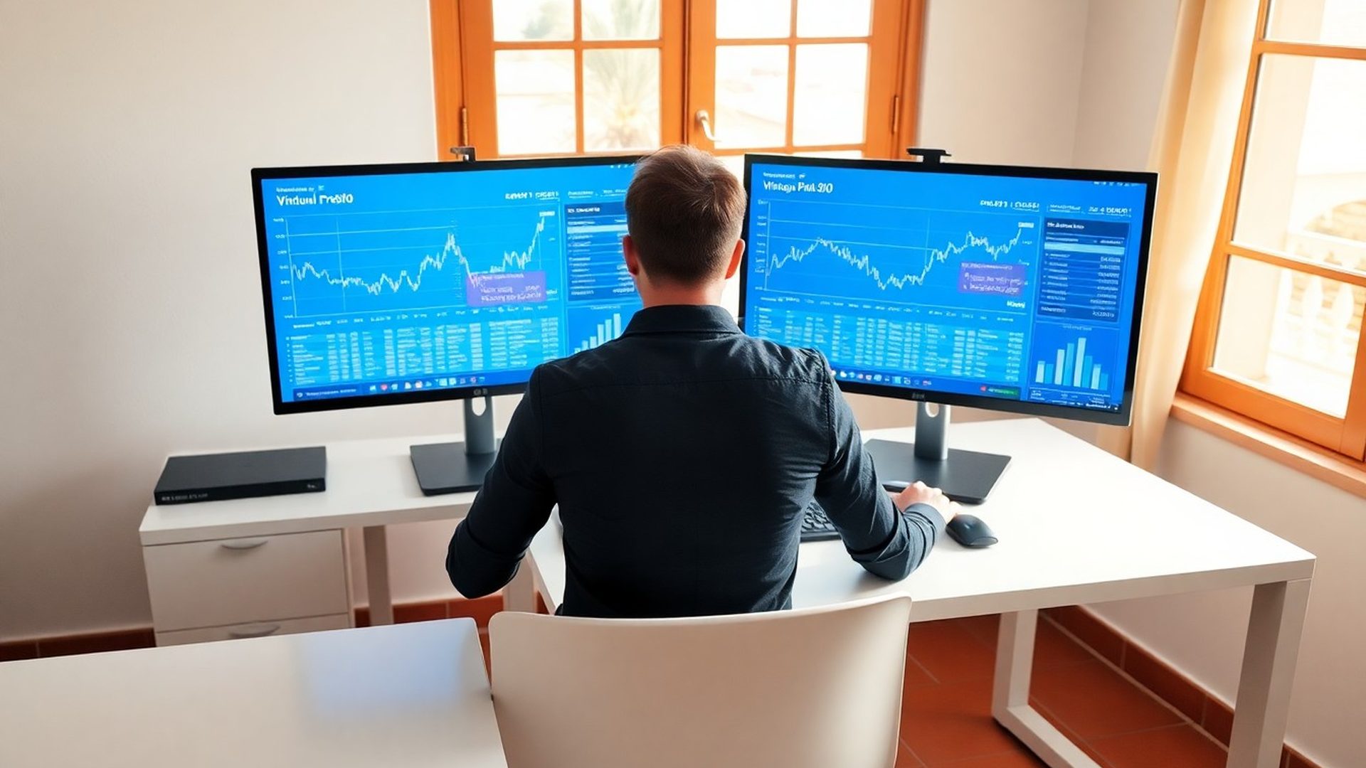 Escritorio con dos monitores mostrando gráficos financieros en azul intenso